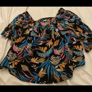 Terra & sky women's sx 4x black tropical floral boat neck blouse XXXXL